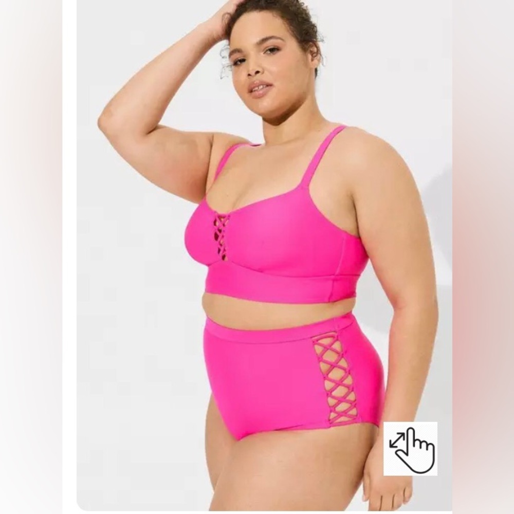 Torrid  2023 High Rise Lace Up Side Bikini Set Woman 2 Pink Glo Full Coverag NEW